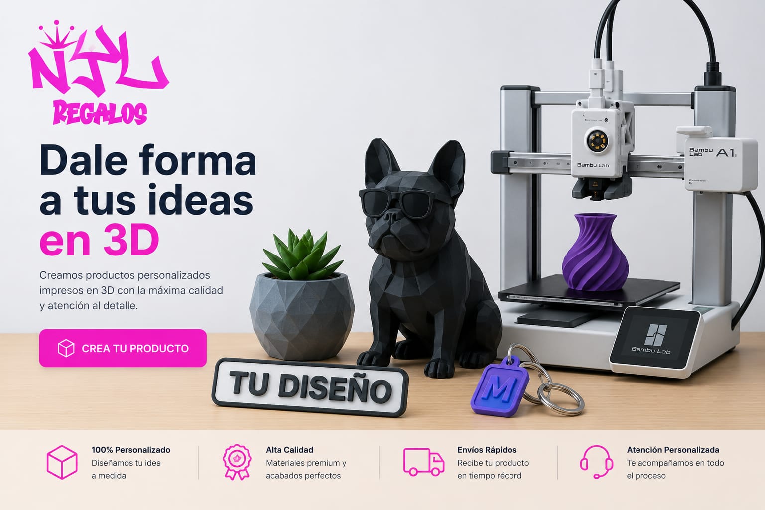 Impresión 3D de figuras personalizadas: bulldog geométrico, jarrón helicoidal y llavero con inicial