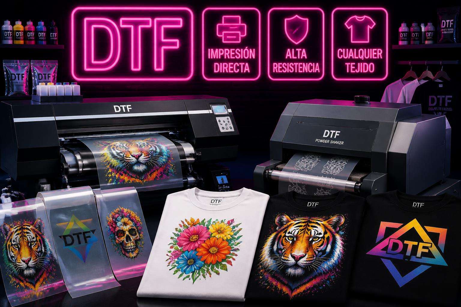 Impresora DTF con transfer de tigre a color, camisetas con estampados vibrantes y powder shaker