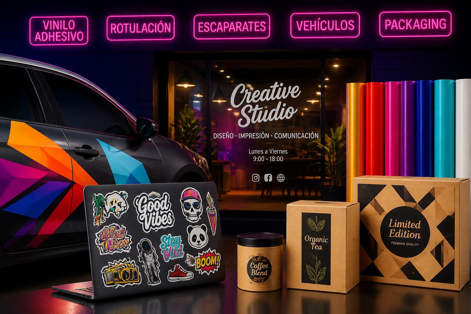 Vinilo adhesivo aplicado en vehículos, escaparates, portátiles con pegatinas y packaging personalizado